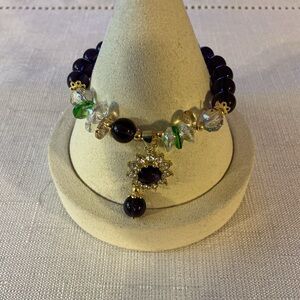 Deep Purple Glass Beaded Gold Tone Stretch Bracelet